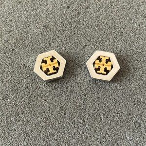 Tory Burch Gold And Silver Two-Tone Logo Earrings